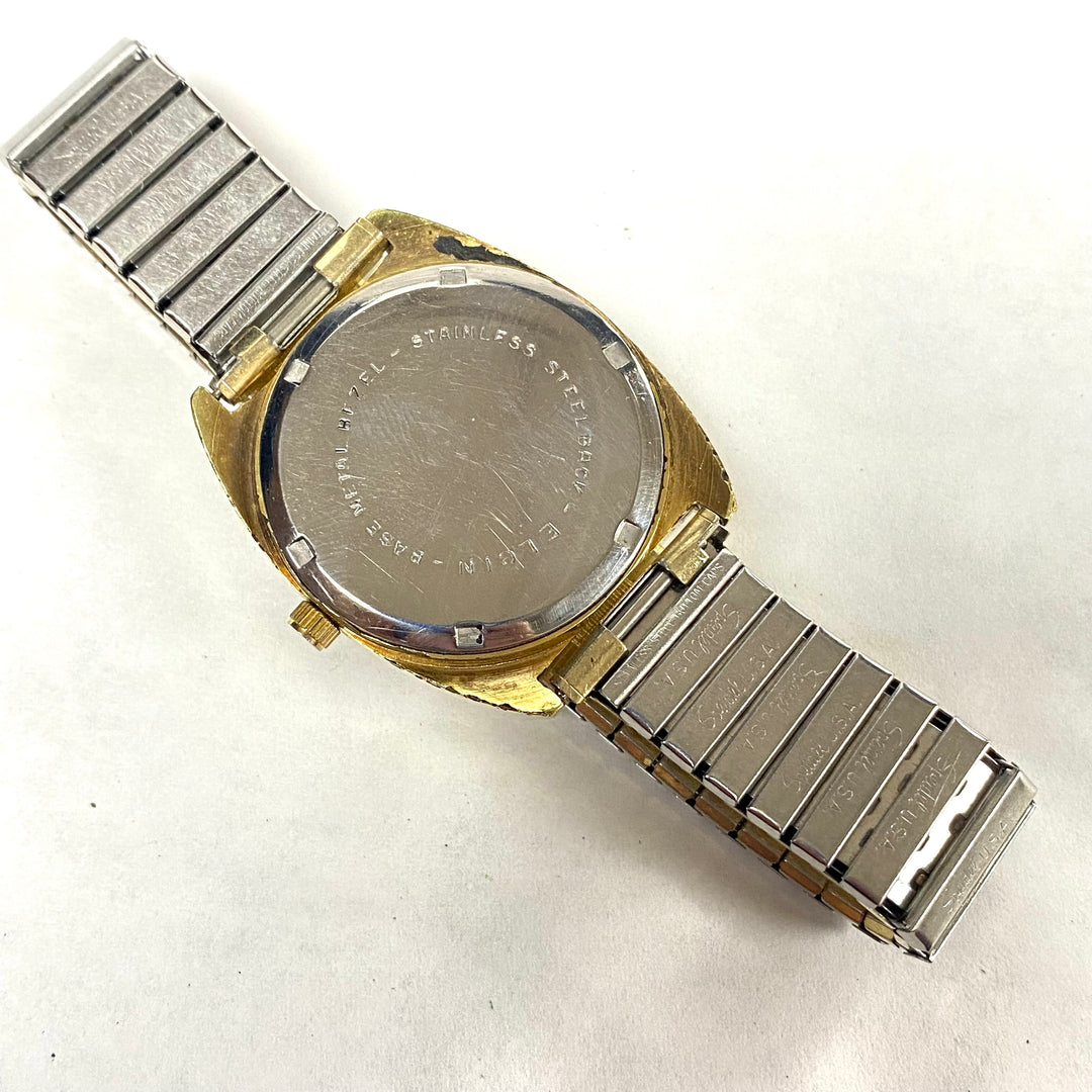 u517 Vintage ELGIN Swiss Mechanical Stainless Steel Gold Tone Wrist Watch 1970's
