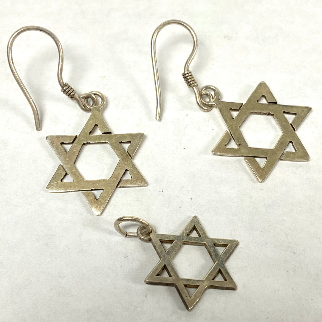 u525 Vintage Sterling Silver Star of David Dangle Earrings and Matching Pendant