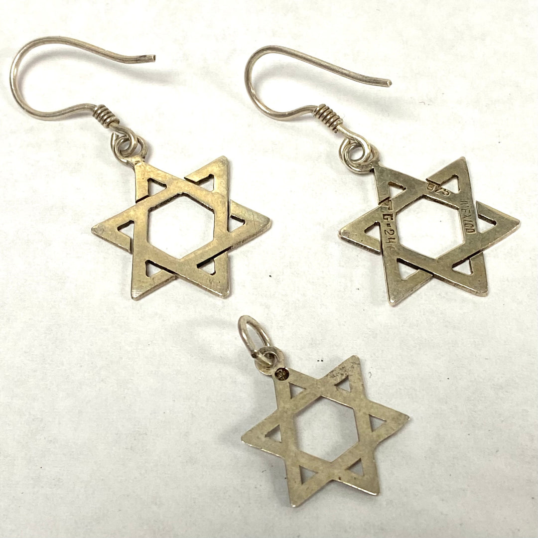 u525 Vintage Sterling Silver Star of David Dangle Earrings and Matching Pendant