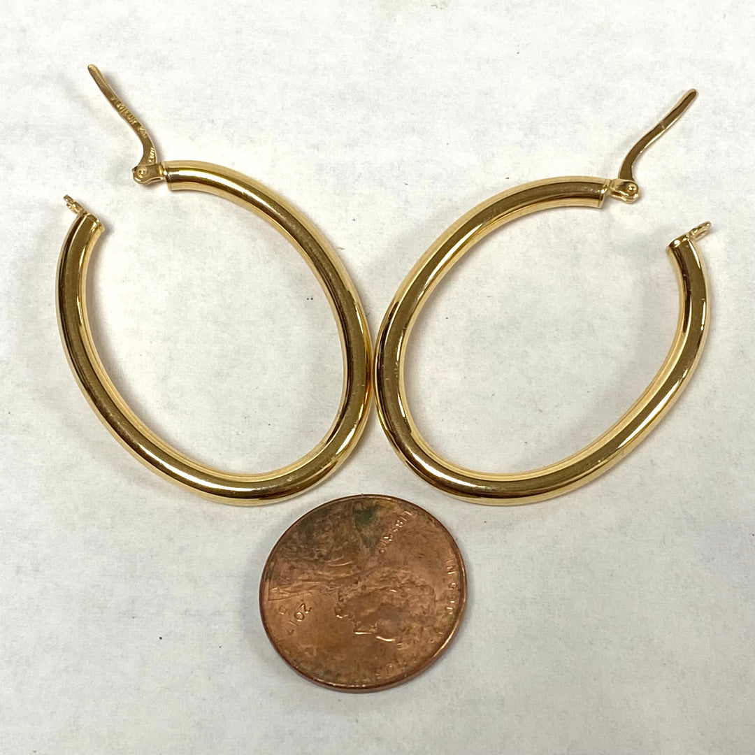 u527 Vintage Classic 14K Yellow Gold Oval Hoop Thick Dangle Earrings