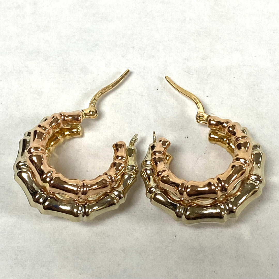 u529 Vintage Classic 14K Yellow Rose White Gold Thick Bamboo Hoop Dangle Earrings