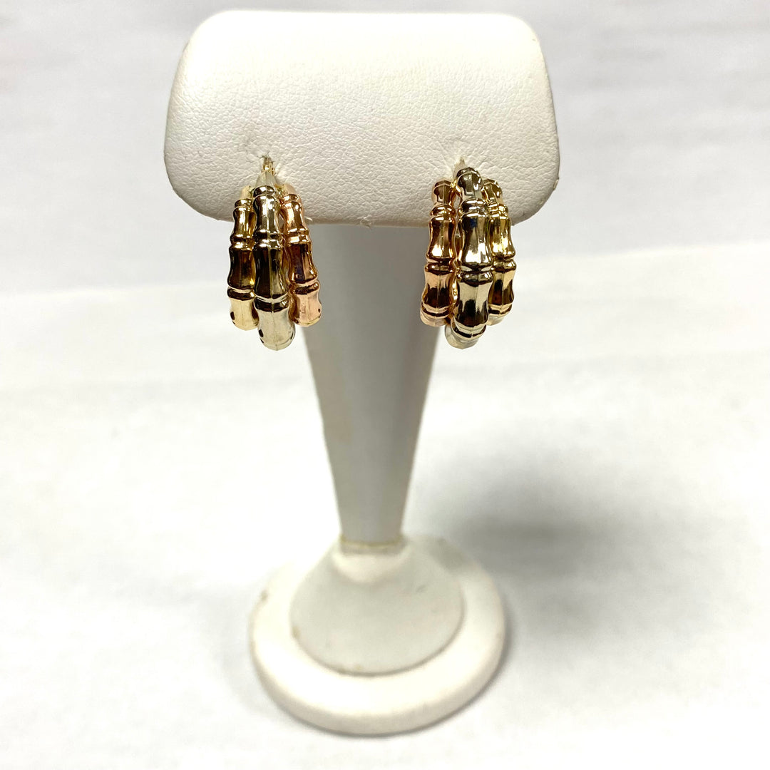 u529 Vintage Classic 14K Yellow Rose White Gold Thick Bamboo Hoop Dangle Earrings