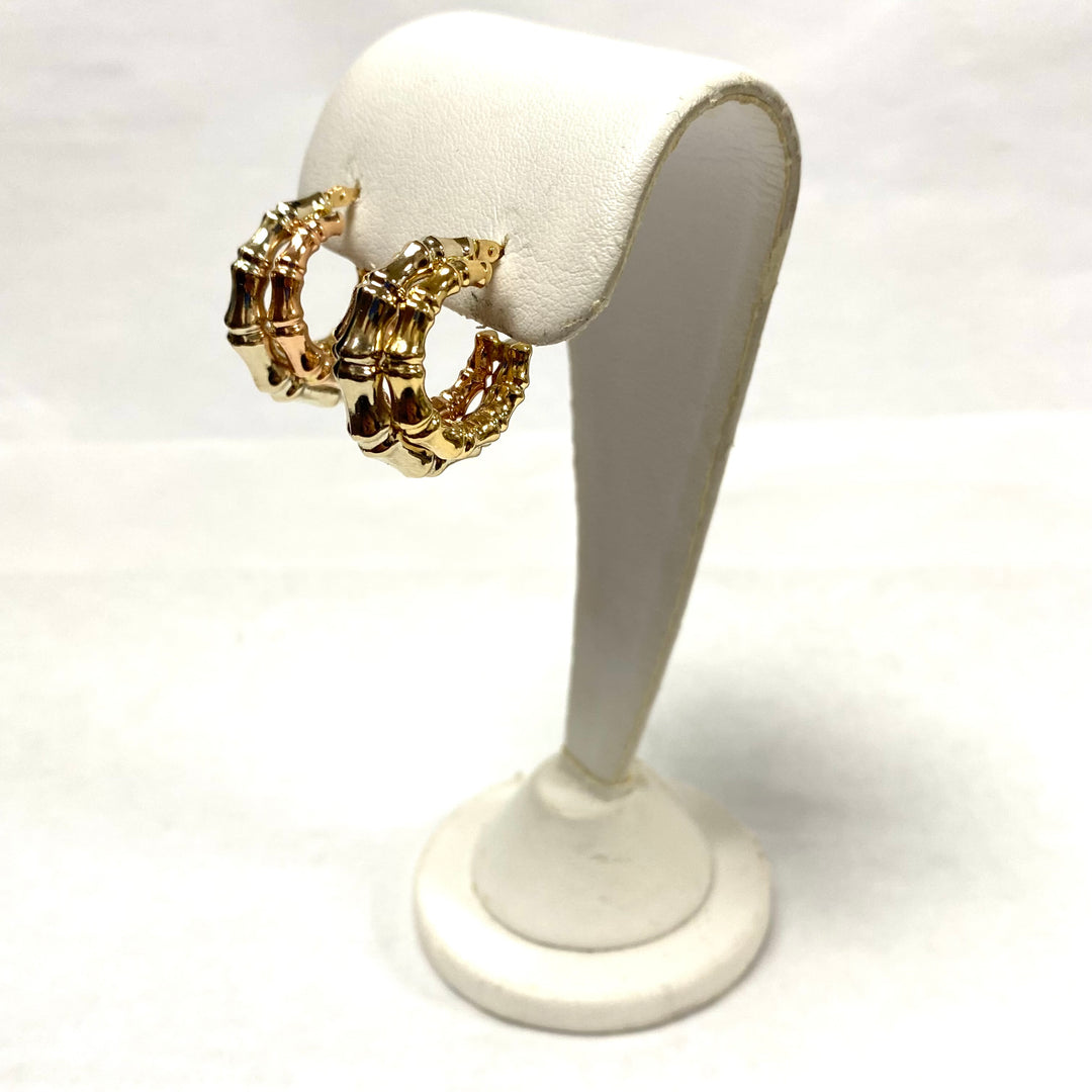 u529 Vintage Classic 14K Yellow Rose White Gold Thick Bamboo Hoop Dangle Earrings