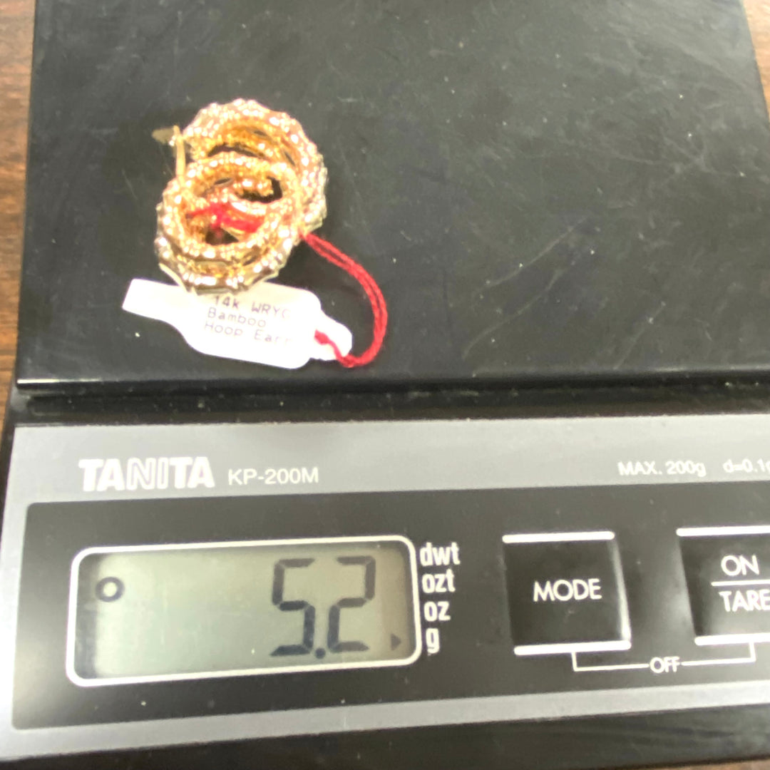 u529 Vintage Classic 14K Yellow Rose White Gold Thick Bamboo Hoop Dangle Earrings