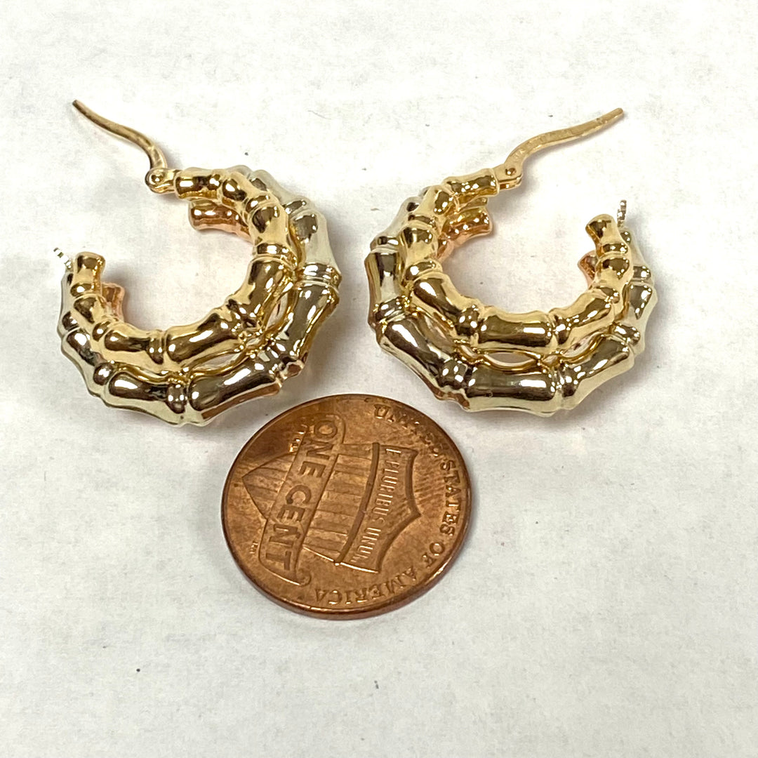 u529 Vintage Classic 14K Yellow Rose White Gold Thick Bamboo Hoop Dangle Earrings