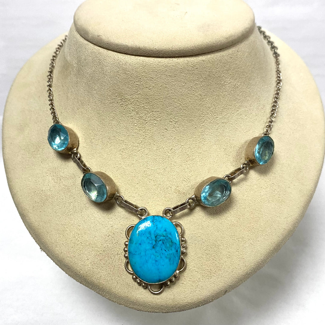 u533 Vintage Sterling Silver Blue Gemstone Necklace 18" Blue Stone Necklace