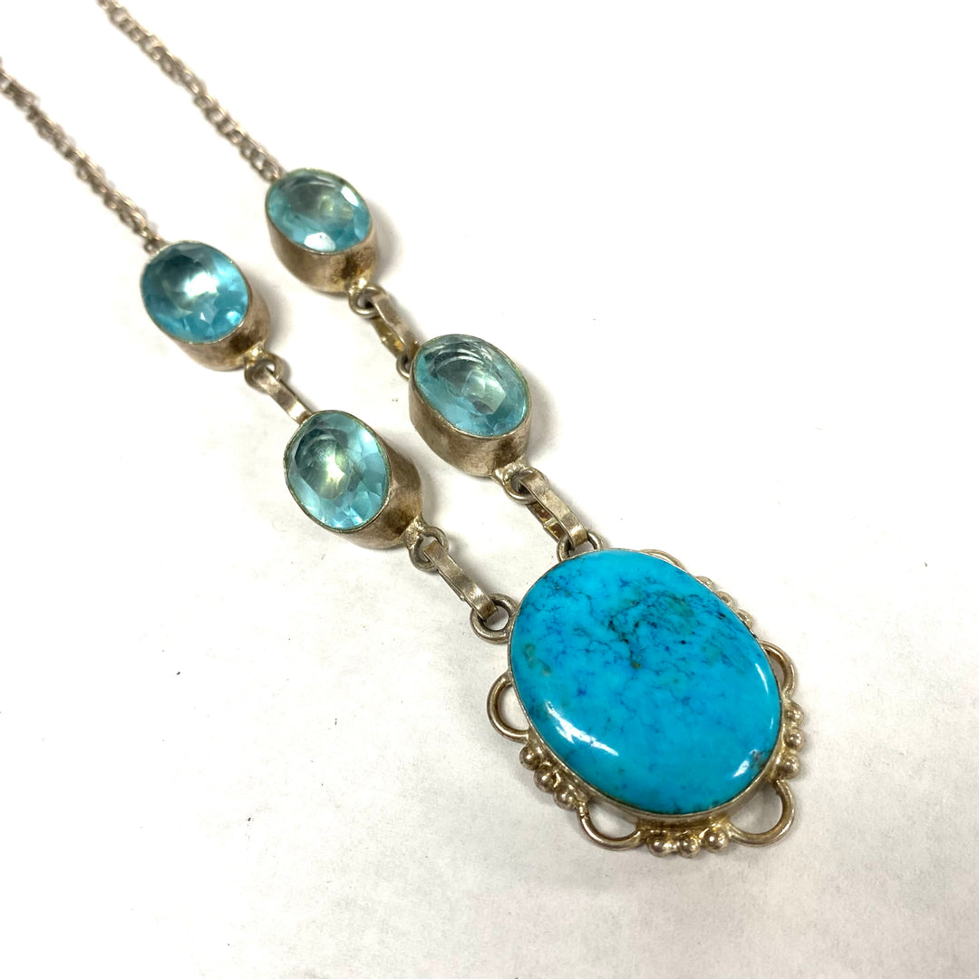 u533 Vintage Sterling Silver Blue Gemstone Necklace 18" Blue Stone Necklace