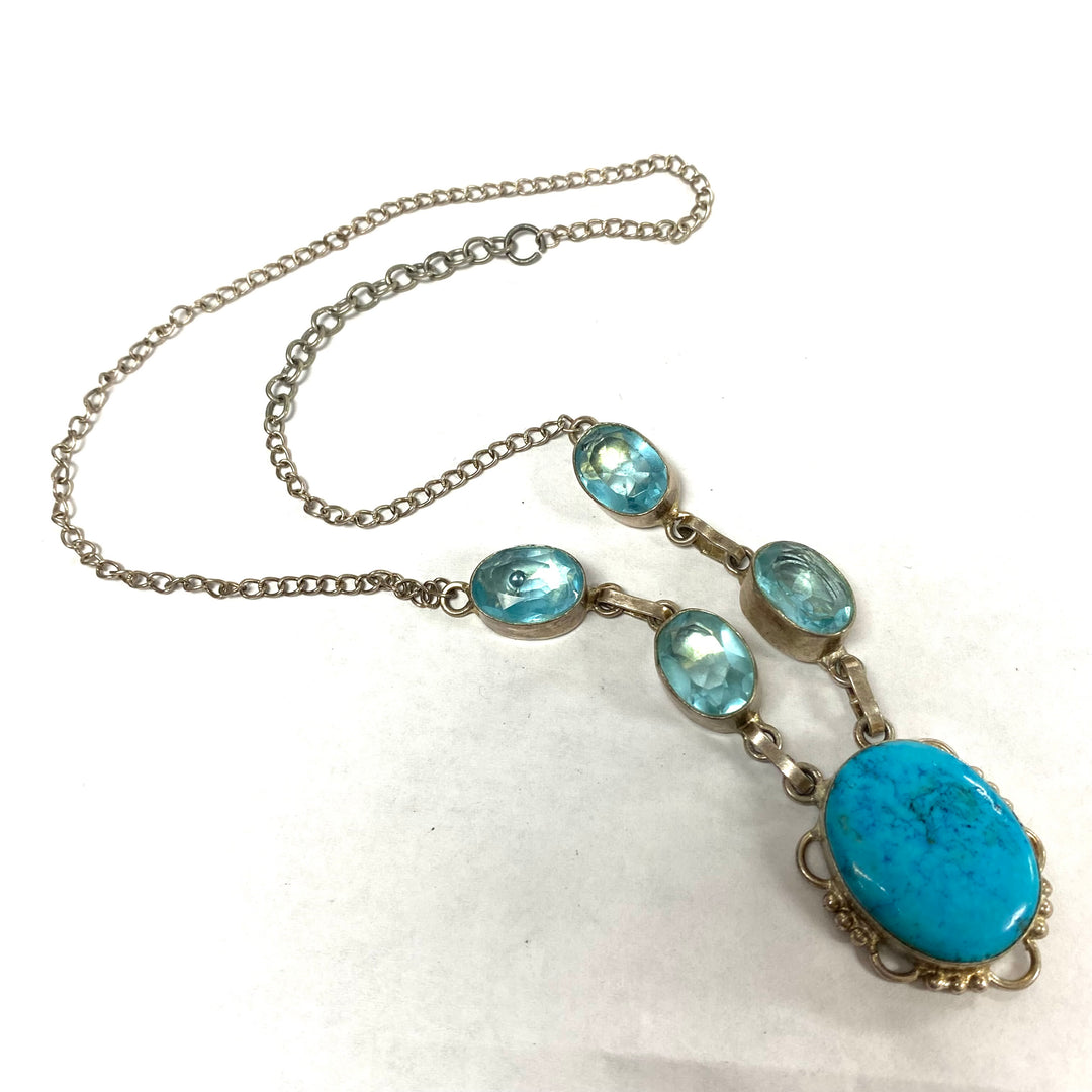 u533 Vintage Sterling Silver Blue Gemstone Necklace 18" Blue Stone Necklace