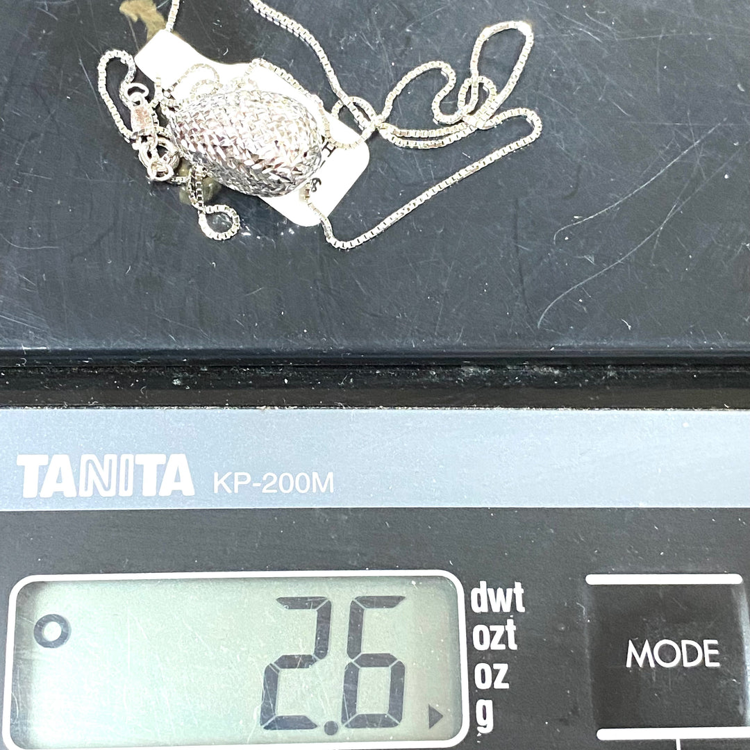 u535 Vintage 14K White Gold Box Chain Necklace 17.5" Diamond Cut Egg Pendant