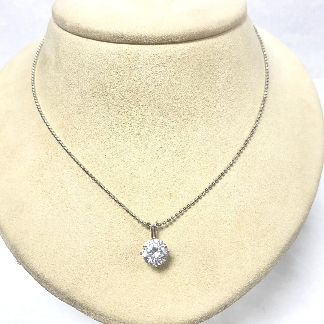 u552 Vintage Sterling Silver 24" Ball Chain Necklace CZ Stone Silver Pendant