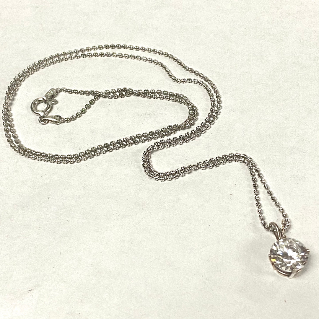 u552 Vintage Sterling Silver 24" Ball Chain Necklace CZ Stone Silver Pendant