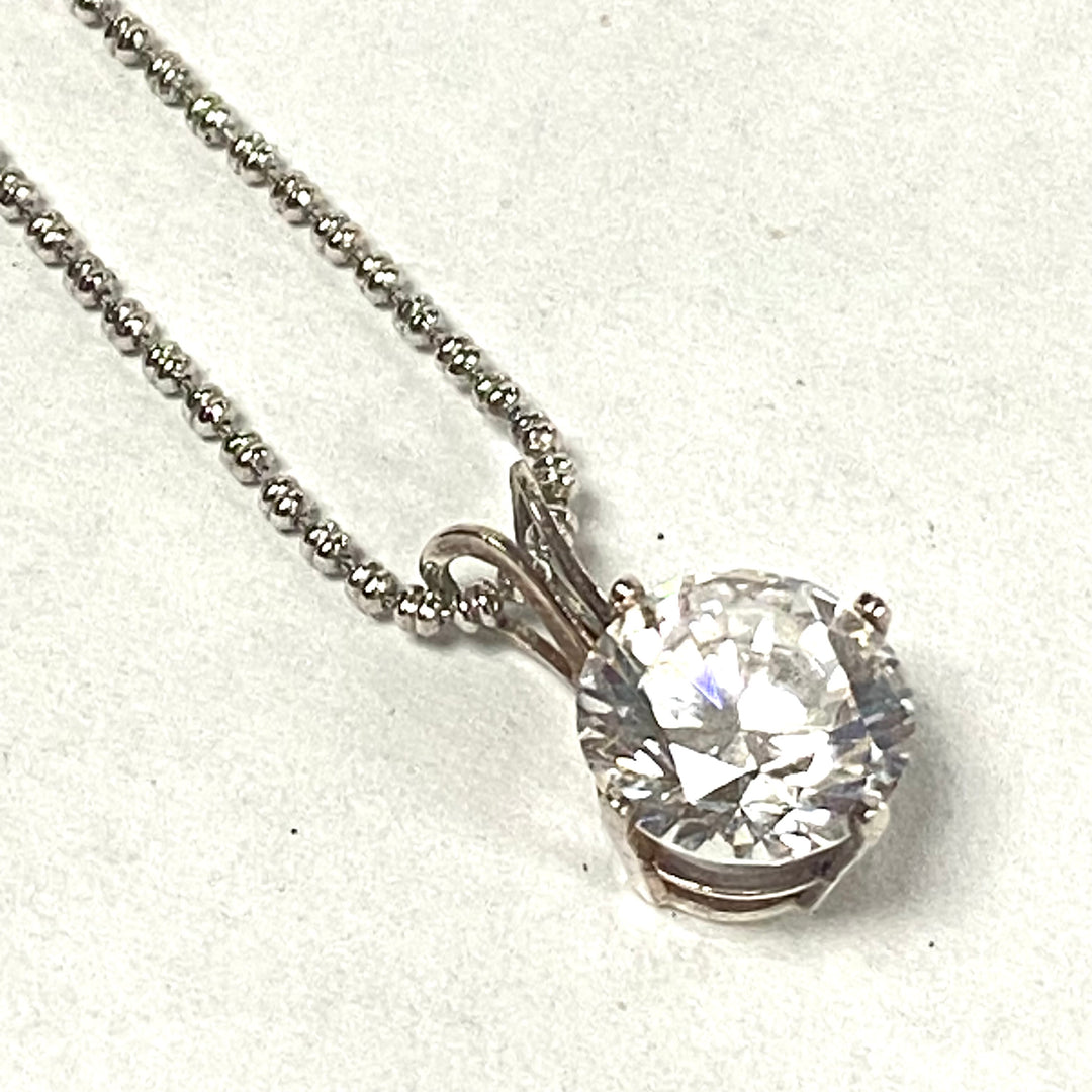 u552 Vintage Sterling Silver 24" Ball Chain Necklace CZ Stone Silver Pendant