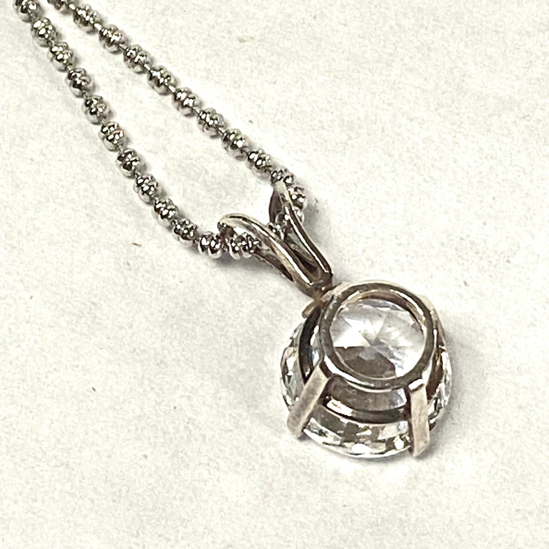 u552 Vintage Sterling Silver 24" Ball Chain Necklace CZ Stone Silver Pendant