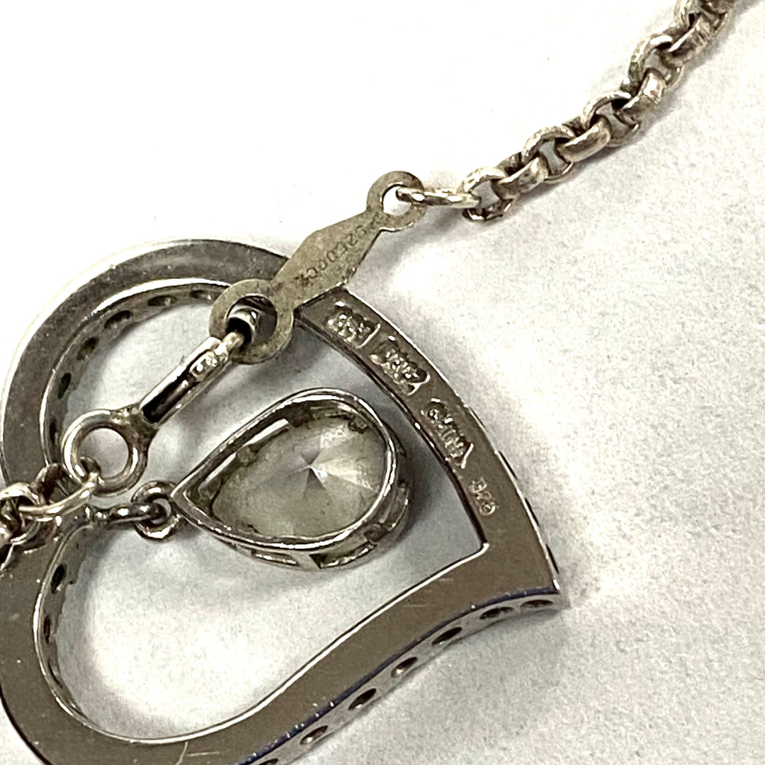 u554 Vintage Sterling Silver 22" Cable Chain Necklace CZ Stones Heart Pendant