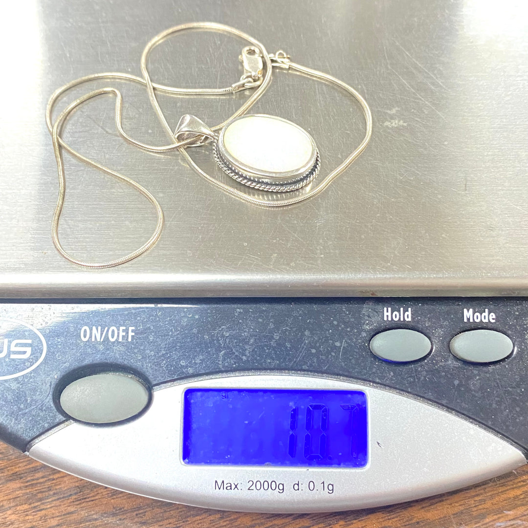 u556 Vintage Sterling Silver Snake Chain Necklace 20" White Opal Oval Pendant