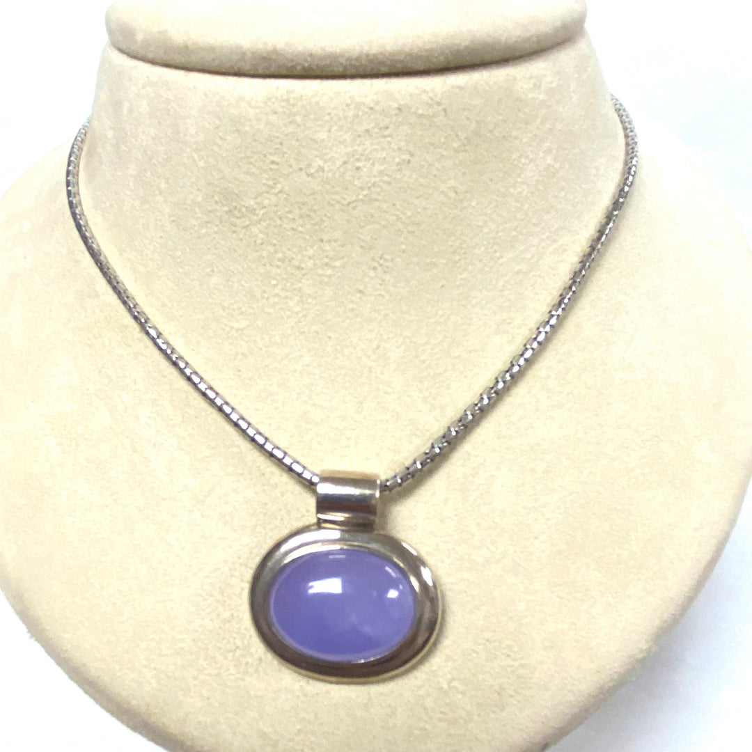 u558 Vintage Sterling Silver Snake Chain Necklace 18" Purple Stone Oval Pendant