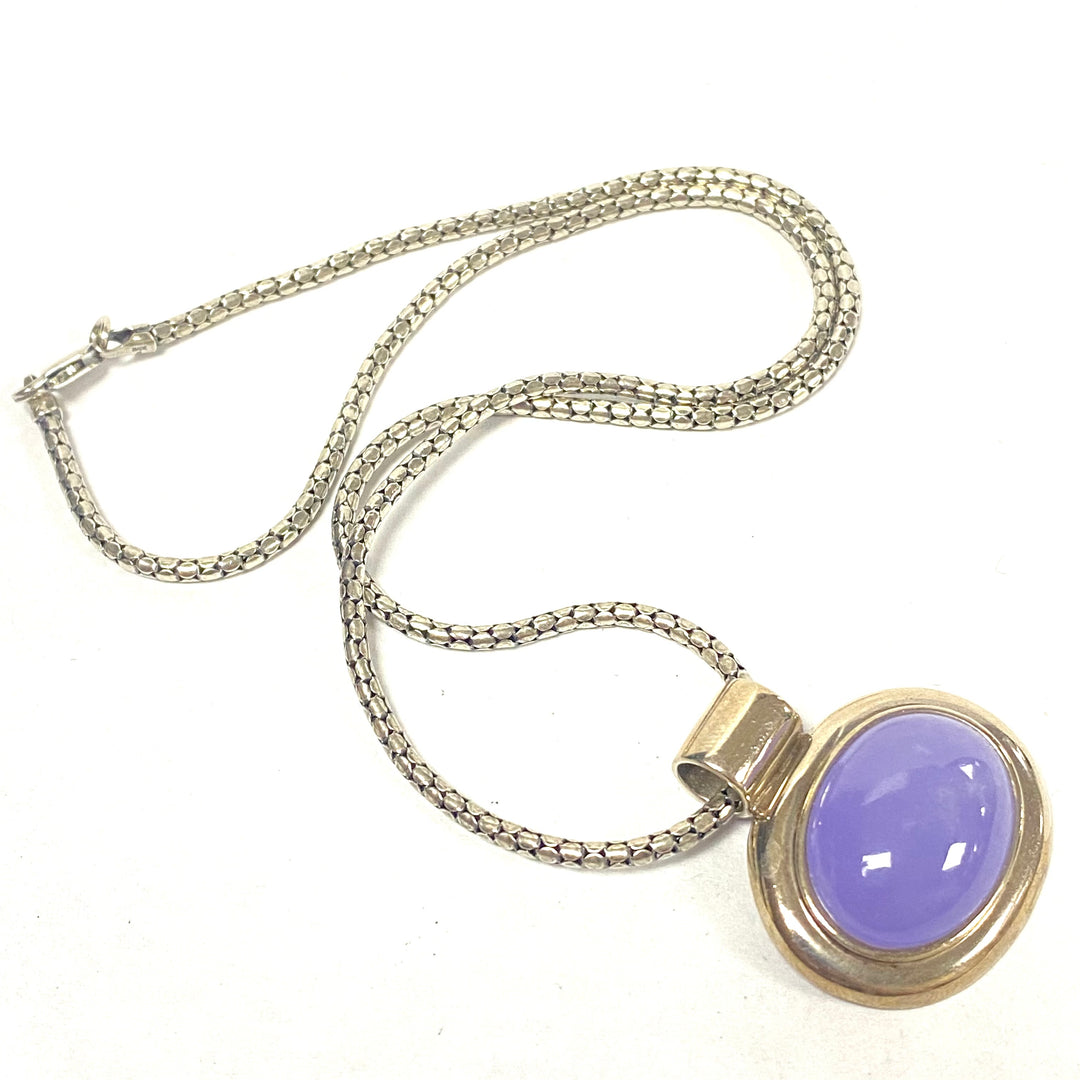 u558 Vintage Sterling Silver Snake Chain Necklace 18" Purple Stone Oval Pendant