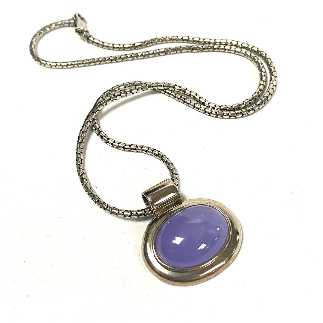 u558 Vintage Sterling Silver Snake Chain Necklace 18" Purple Stone Oval Pendant