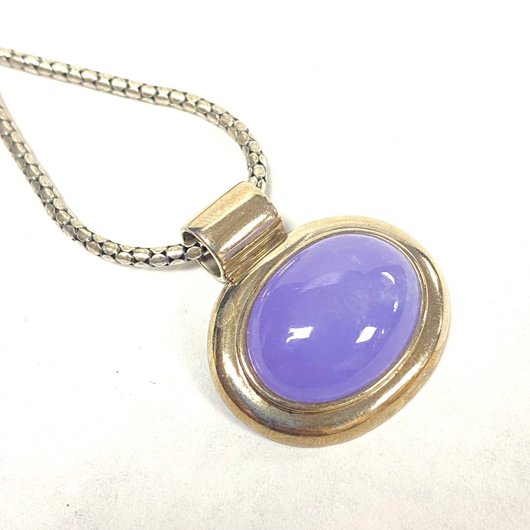 u558 Vintage Sterling Silver Snake Chain Necklace 18" Purple Stone Oval Pendant