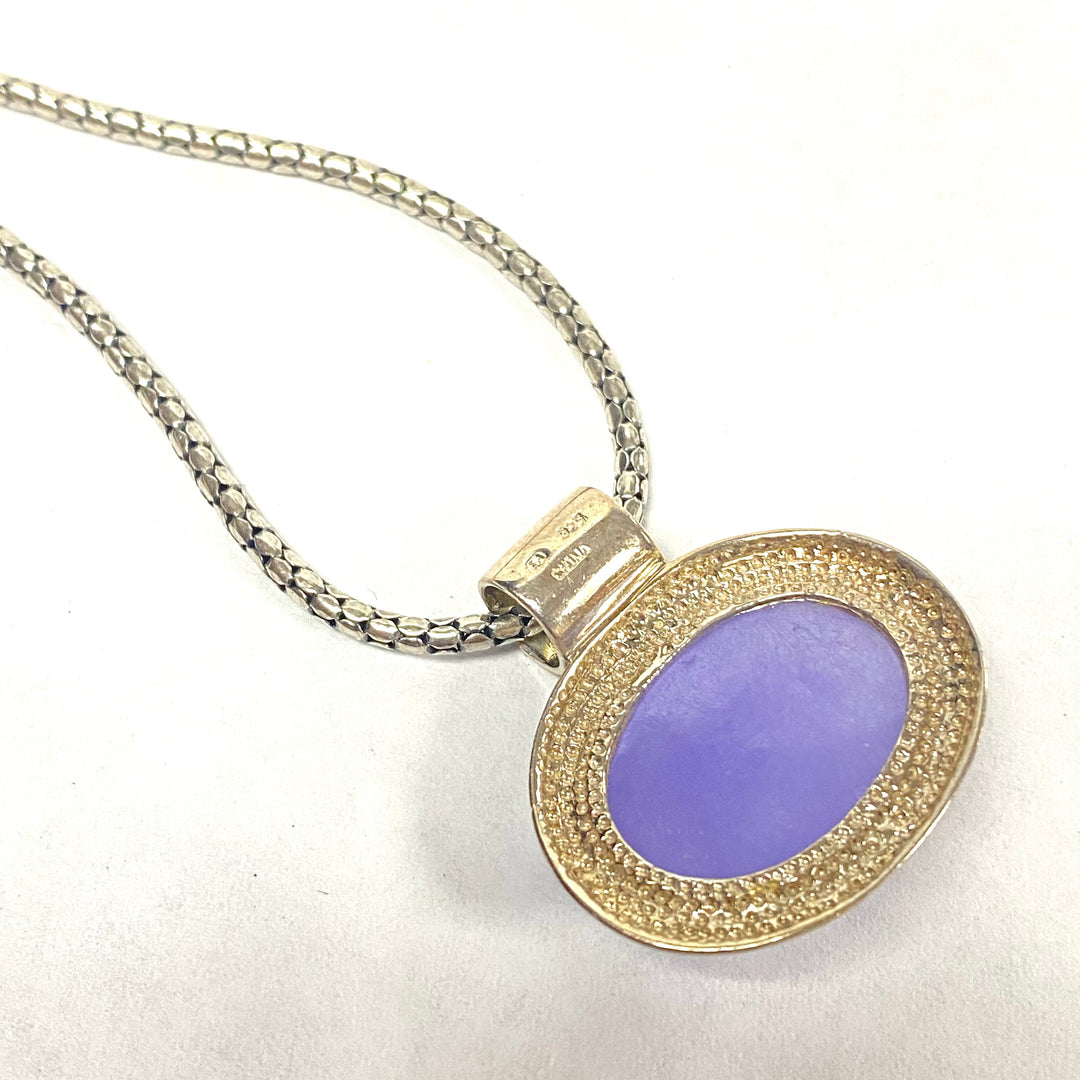 u558 Vintage Sterling Silver Snake Chain Necklace 18" Purple Stone Oval Pendant