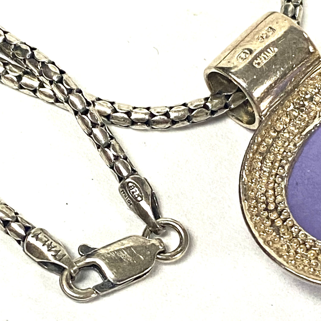 u558 Vintage Sterling Silver Snake Chain Necklace 18" Purple Stone Oval Pendant