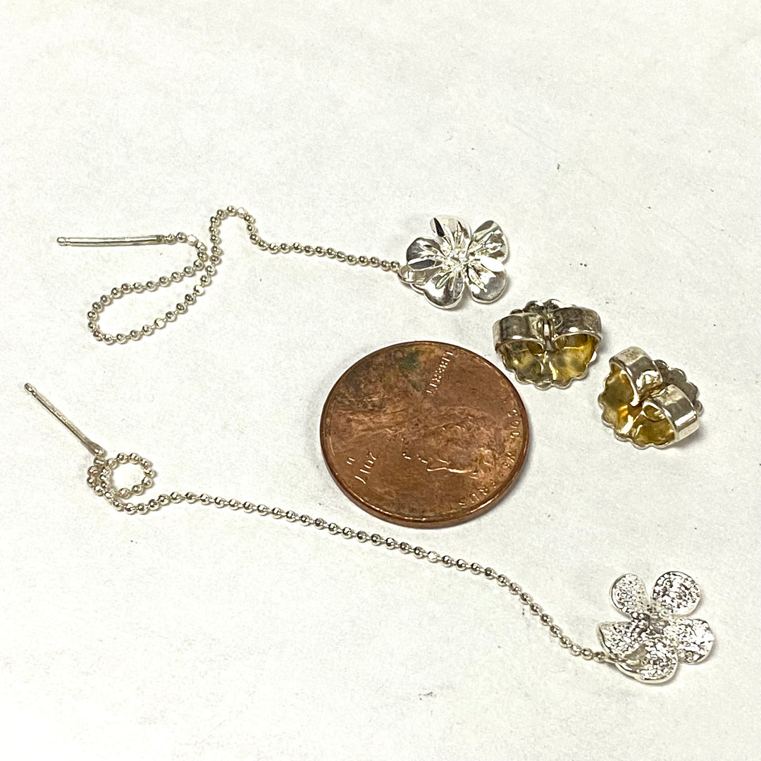 u568 Vintage Sterling Silver Ear Threader Flower Earrings with 3" Dangling Chain