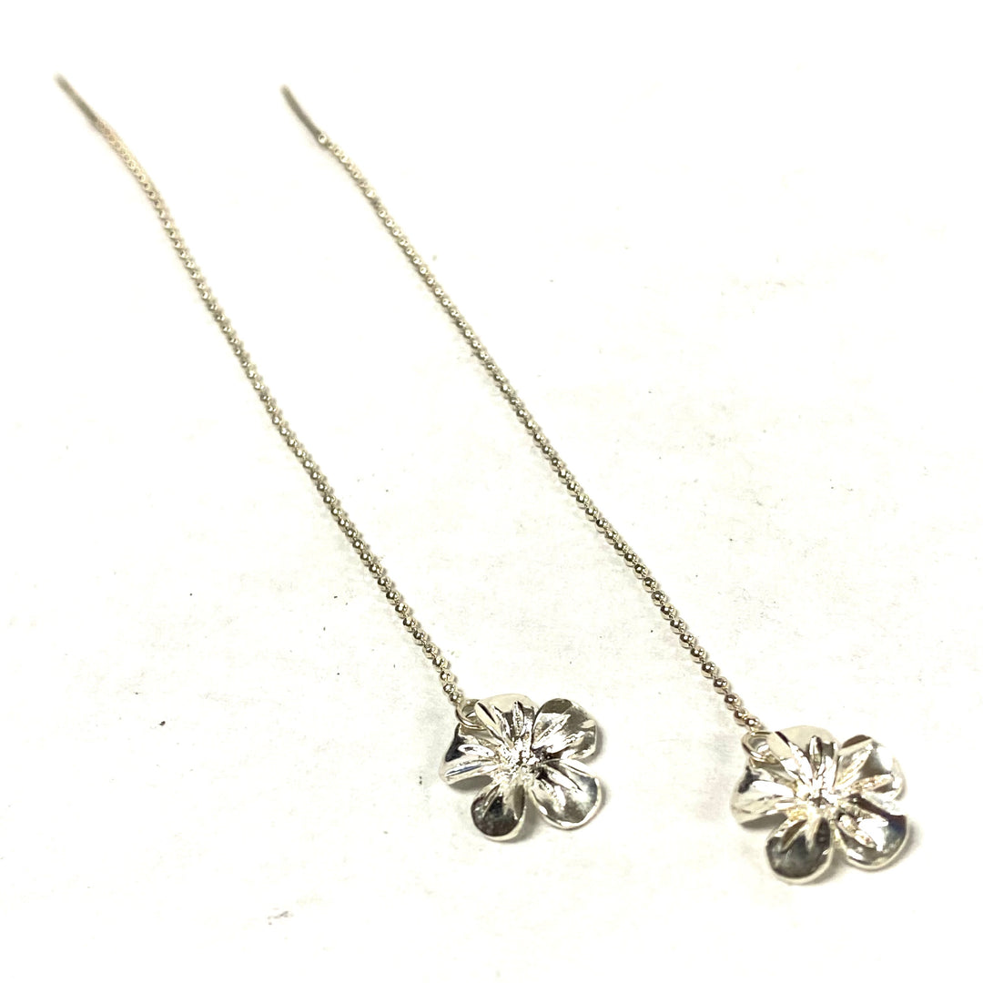 u568 Vintage Sterling Silver Ear Threader Flower Earrings with 3" Dangling Chain