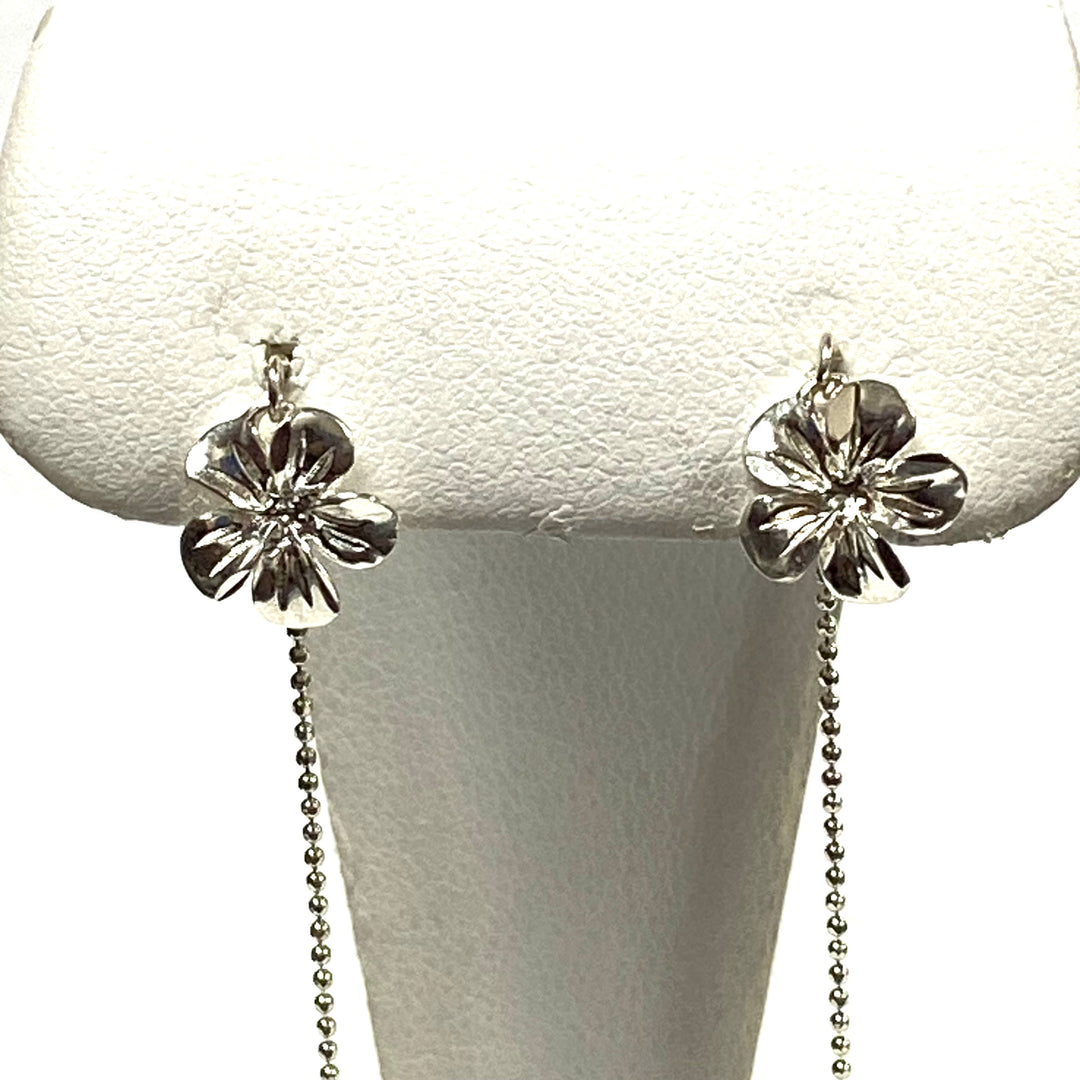 u568 Vintage Sterling Silver Ear Threader Flower Earrings with 3" Dangling Chain