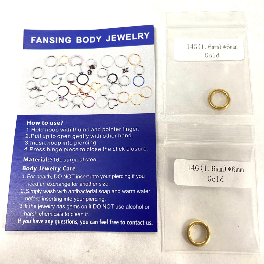 u570 14G *6mm Gold Tone Surgical Steel 2pc Hoop Piercing Nose Septum Ring