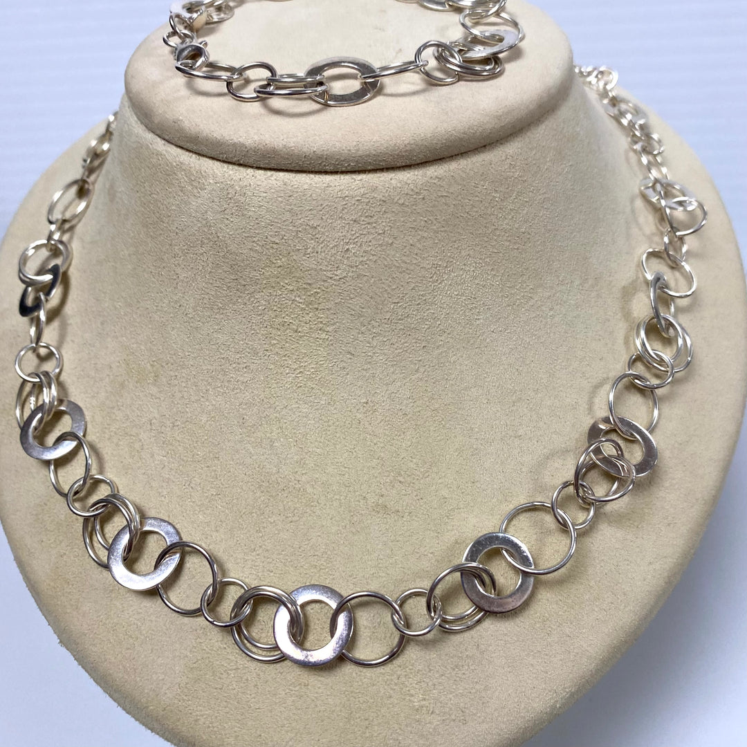 u584 Vintage Sterling Silver 925 Round Link Chain Necklace 23” Bracelet 7.5" 2pc