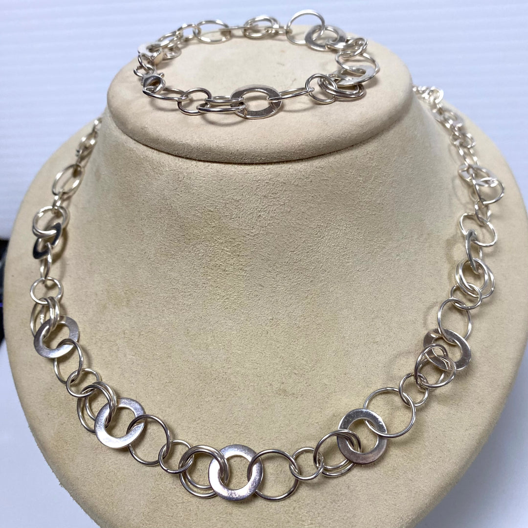 u584 Vintage Sterling Silver 925 Round Link Chain Necklace 23” Bracelet 7.5" 2pc