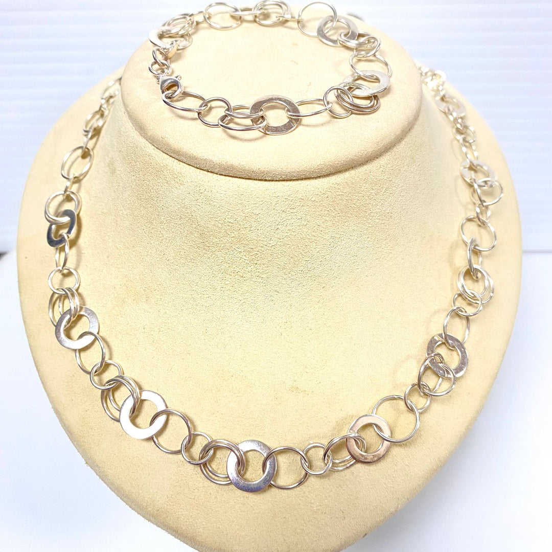 u584 Vintage Sterling Silver 925 Round Link Chain Necklace 23” Bracelet 7.5" 2pc