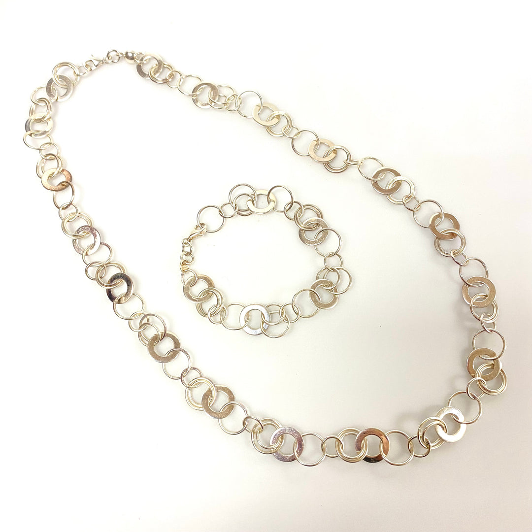 u584 Vintage Sterling Silver 925 Round Link Chain Necklace 23” Bracelet 7.5" 2pc