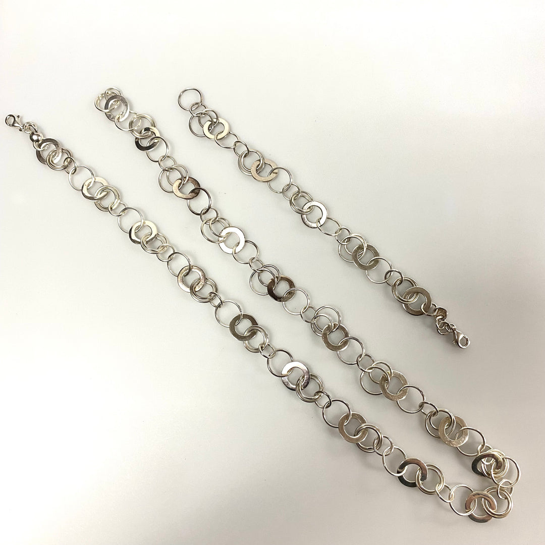 u584 Vintage Sterling Silver 925 Round Link Chain Necklace 23” Bracelet 7.5" 2pc