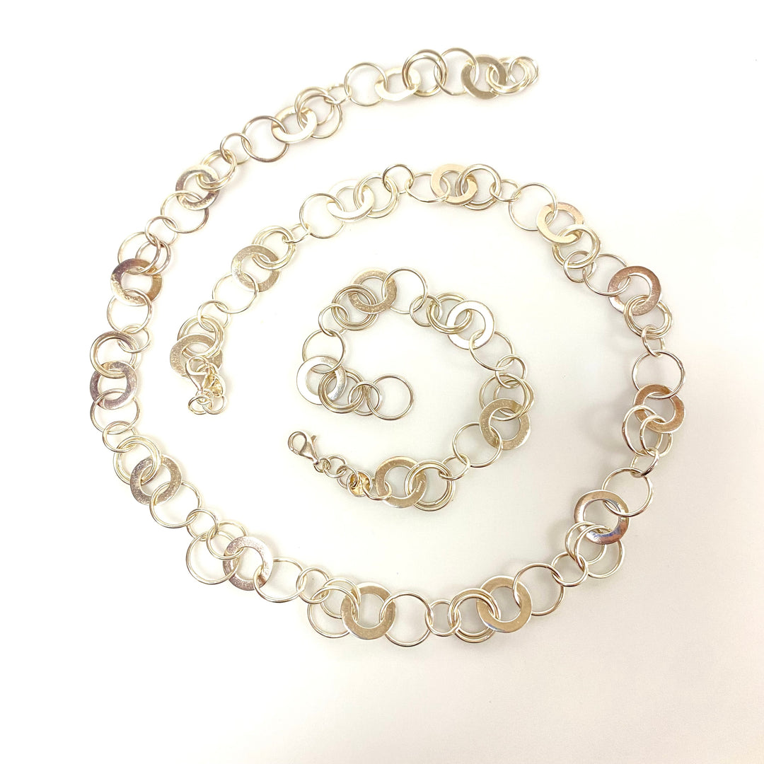 u584 Vintage Sterling Silver 925 Round Link Chain Necklace 23” Bracelet 7.5" 2pc