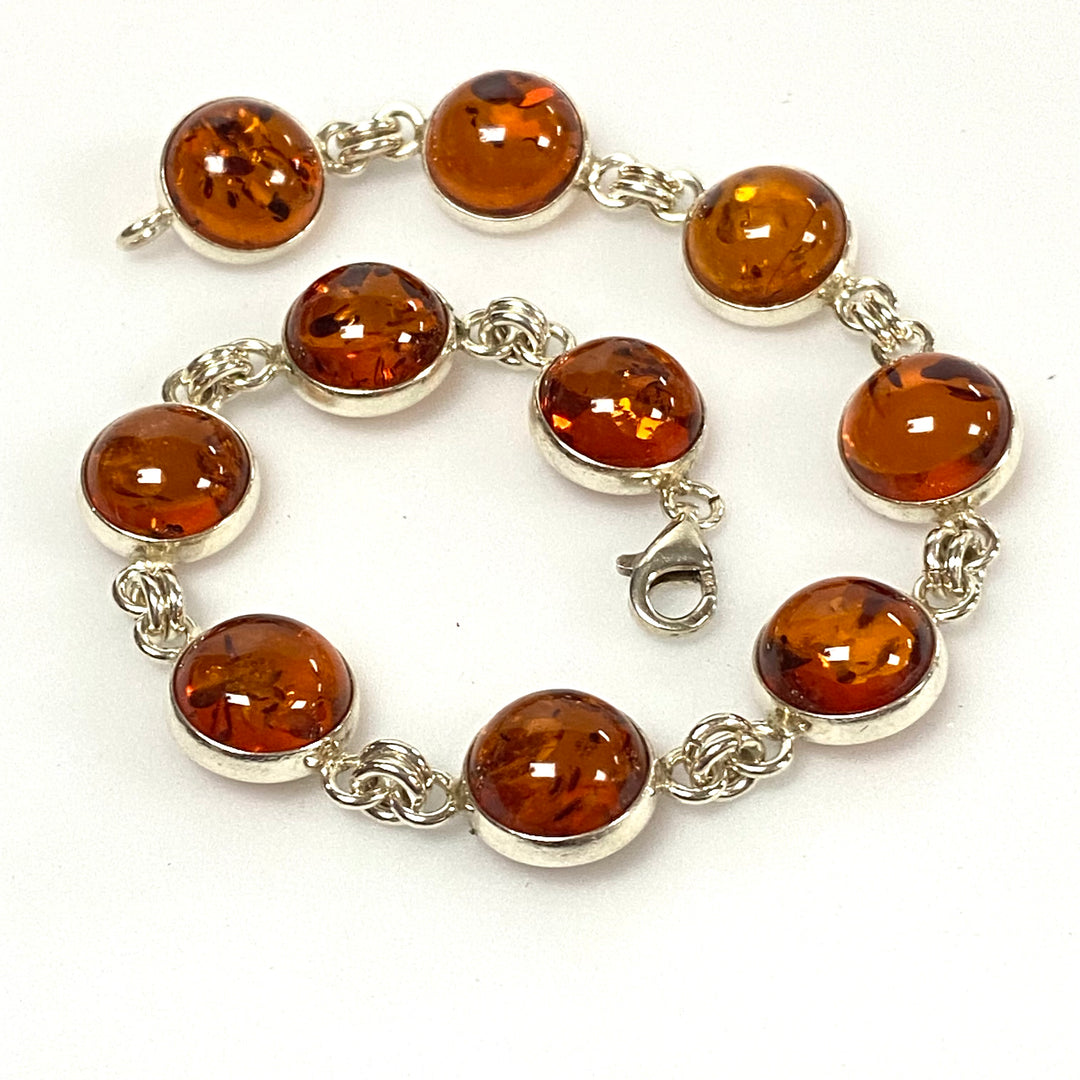 u588 Vintage Sterling Silver 925 Round Amber Link Chain Bracelet 7.5" Long