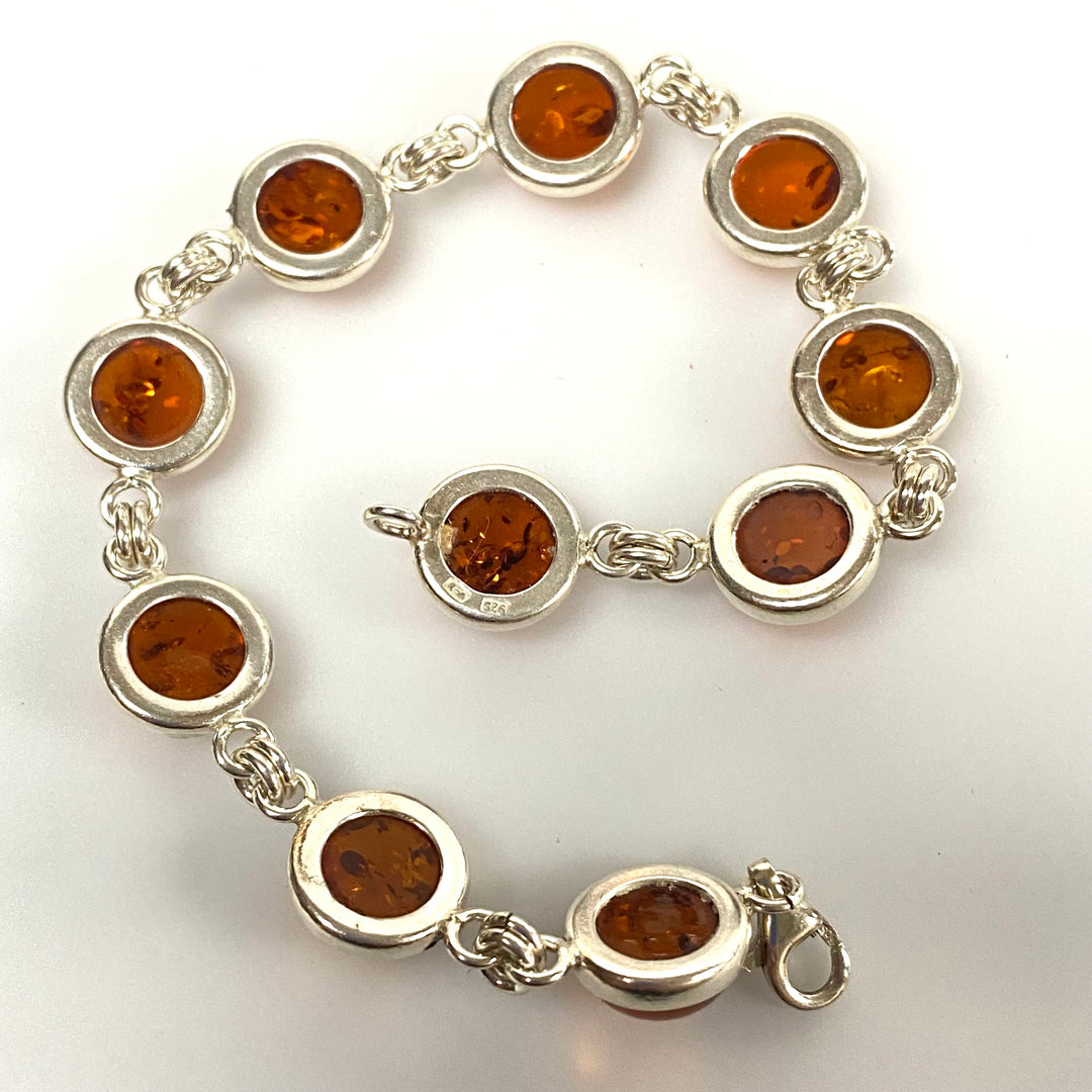 u588 Vintage Sterling Silver 925 Round Amber Link Chain Bracelet 7.5" Long