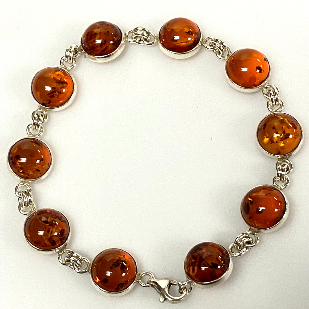 u588 Vintage Sterling Silver 925 Round Amber Link Chain Bracelet 7.5" Long