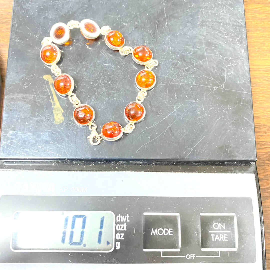 u588 Vintage Sterling Silver 925 Round Amber Link Chain Bracelet 7.5" Long