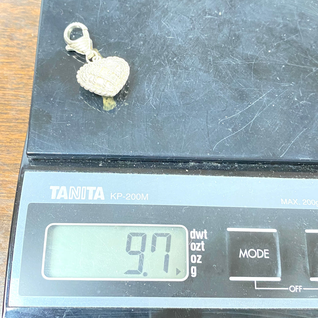 u592 Vintage Sterling Silver Heart Charm Pendant Openable Bail White Stones