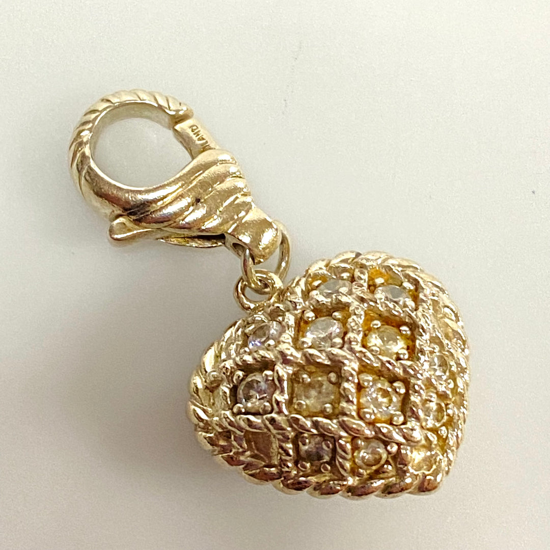 u592 Vintage Sterling Silver Heart Charm Pendant Openable Bail White Stones