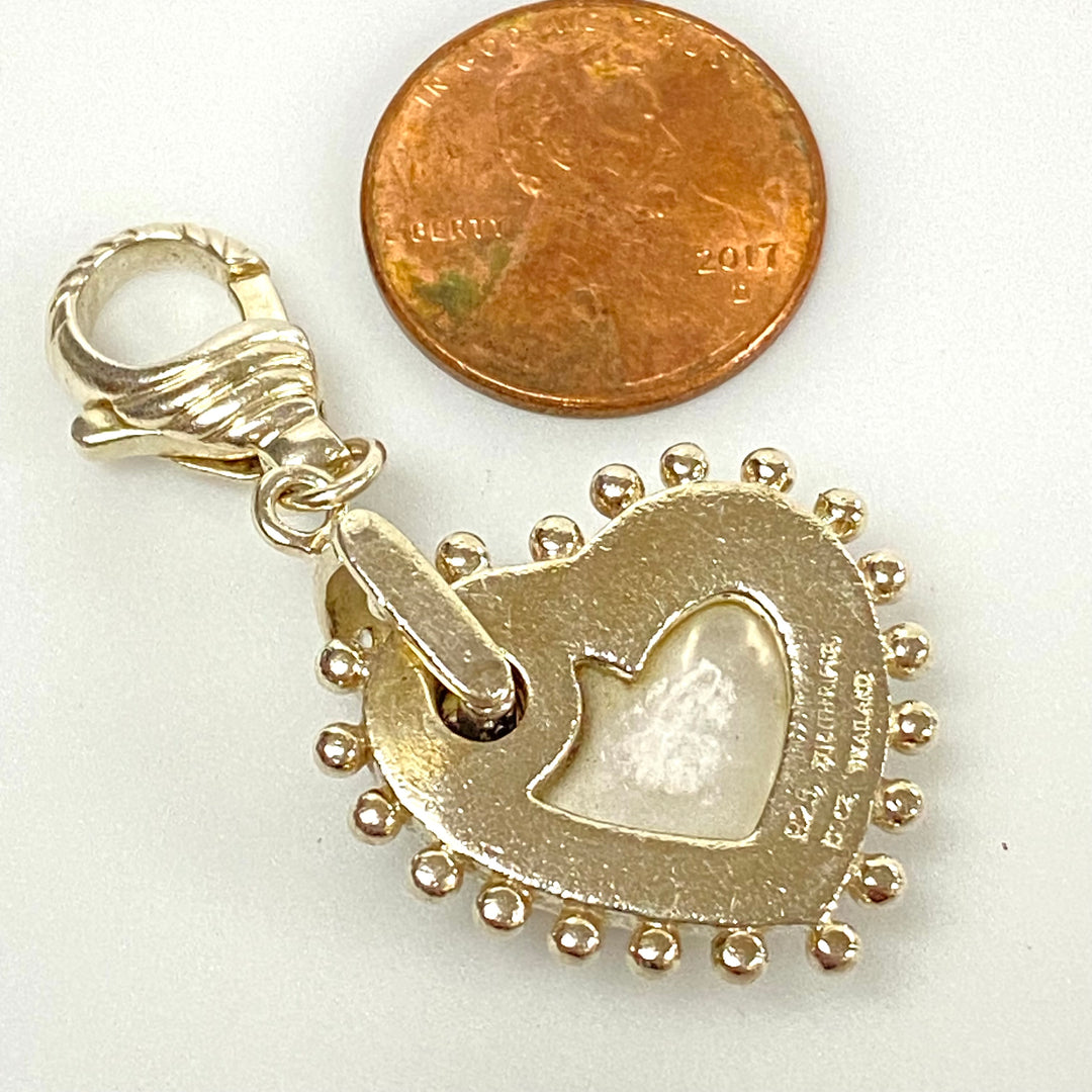 u594 Vintage Sterling Silver 925 Heart Mother of Pearl Pendant Openable Bail