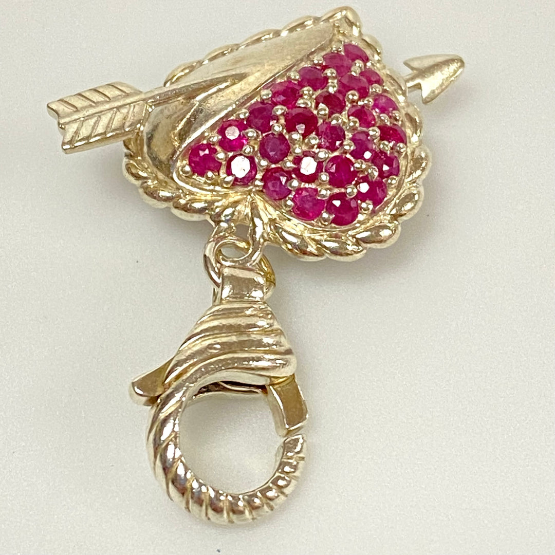 u595 Vintage Sterling Silver Heart &Arrow Charm Pendant Openable Bail Red Stones