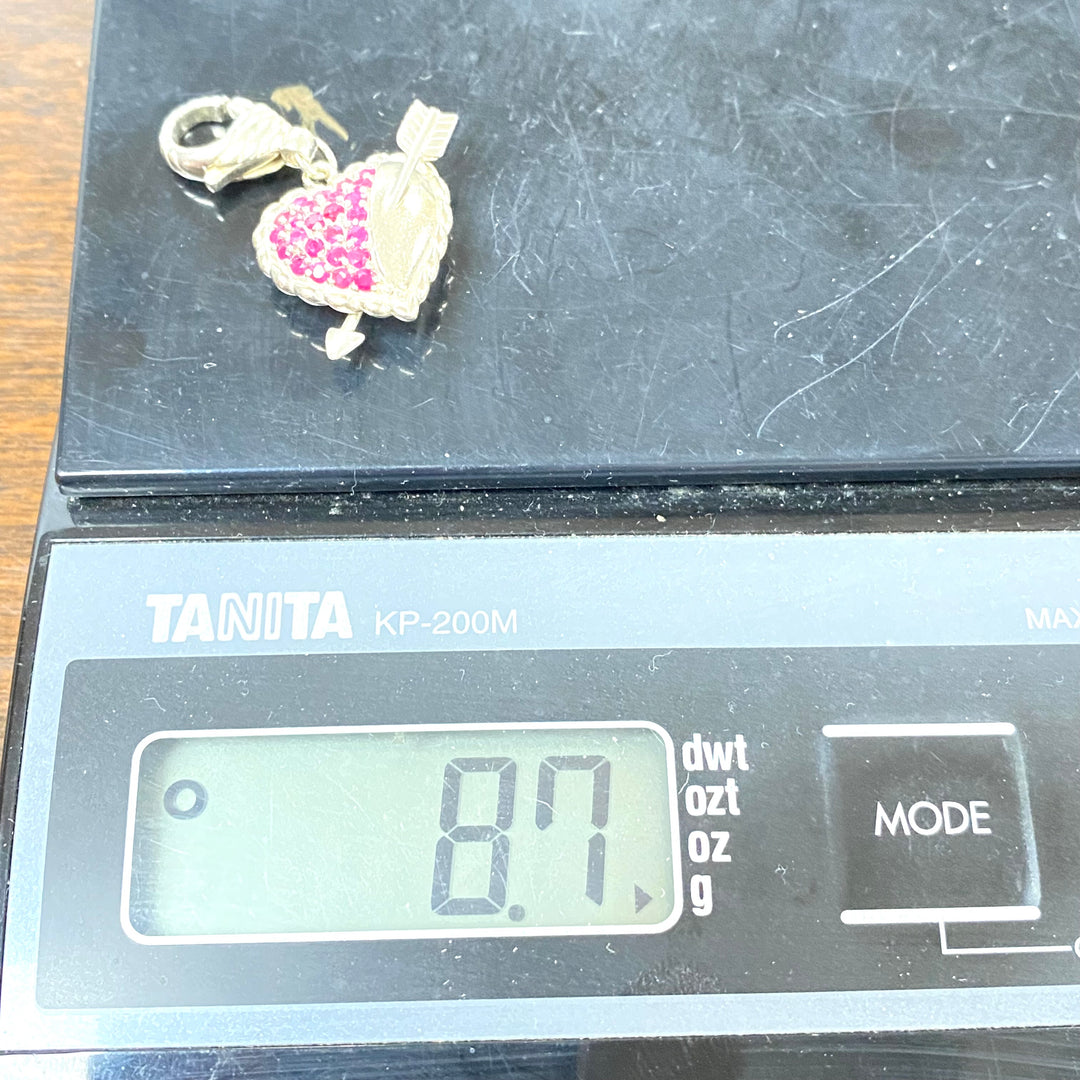 u595 Vintage Sterling Silver Heart &Arrow Charm Pendant Openable Bail Red Stones