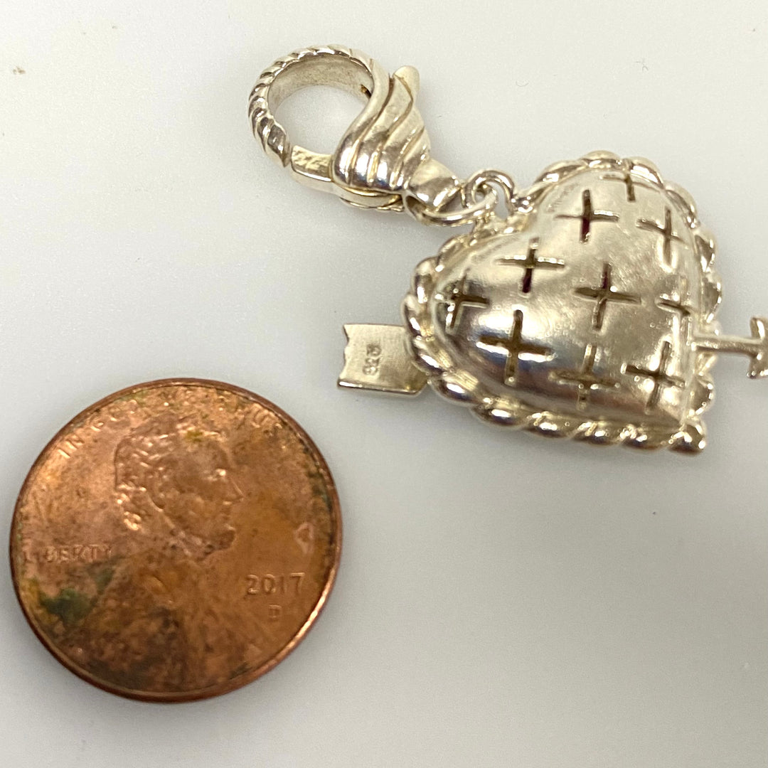 u595 Vintage Sterling Silver Heart &Arrow Charm Pendant Openable Bail Red Stones