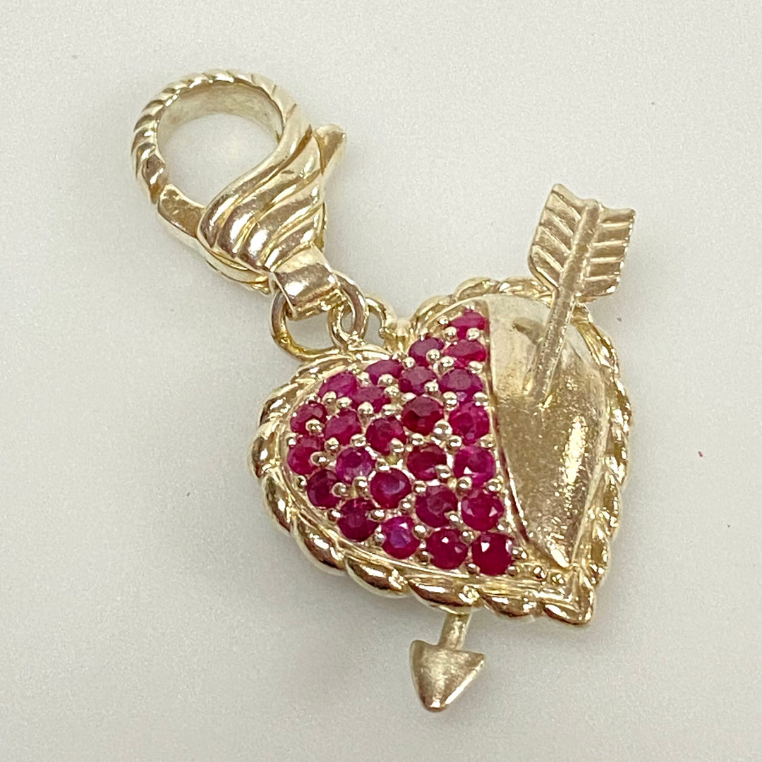 u595 Vintage Sterling Silver Heart &Arrow Charm Pendant Openable Bail Red Stones