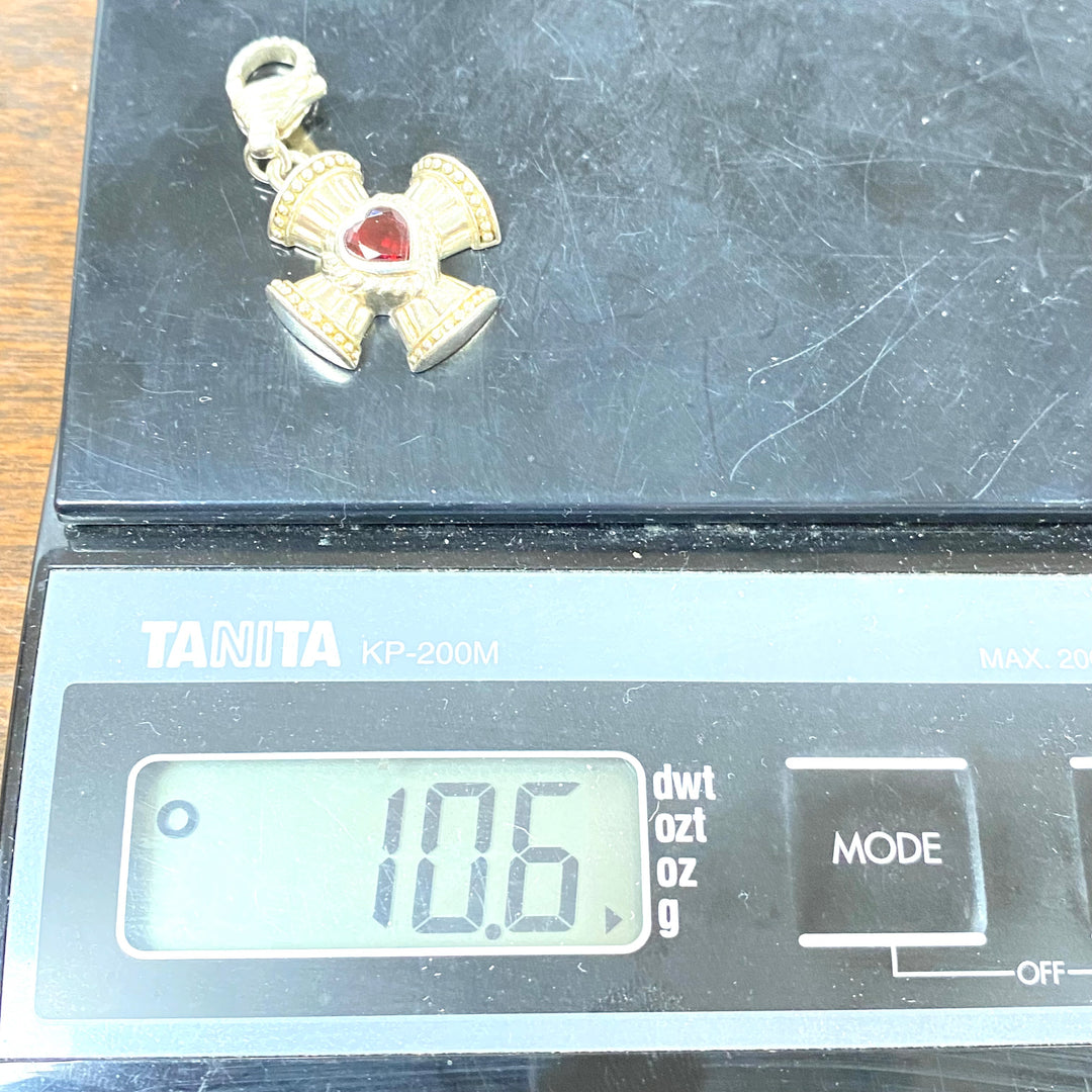 u596 Vintage Sterling Silver Cross Charm Pendant Openable Bail Red Heart Stone