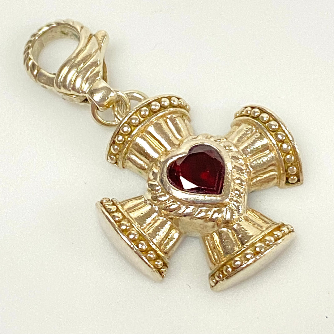 u596 Vintage Sterling Silver Cross Charm Pendant Openable Bail Red Heart Stone