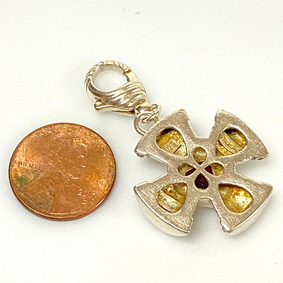 u596 Vintage Sterling Silver Cross Charm Pendant Openable Bail Red Heart Stone