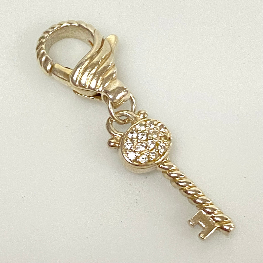 u597 Vintage Sterling Silver Key Charm Pendant Openable Bail White Stones
